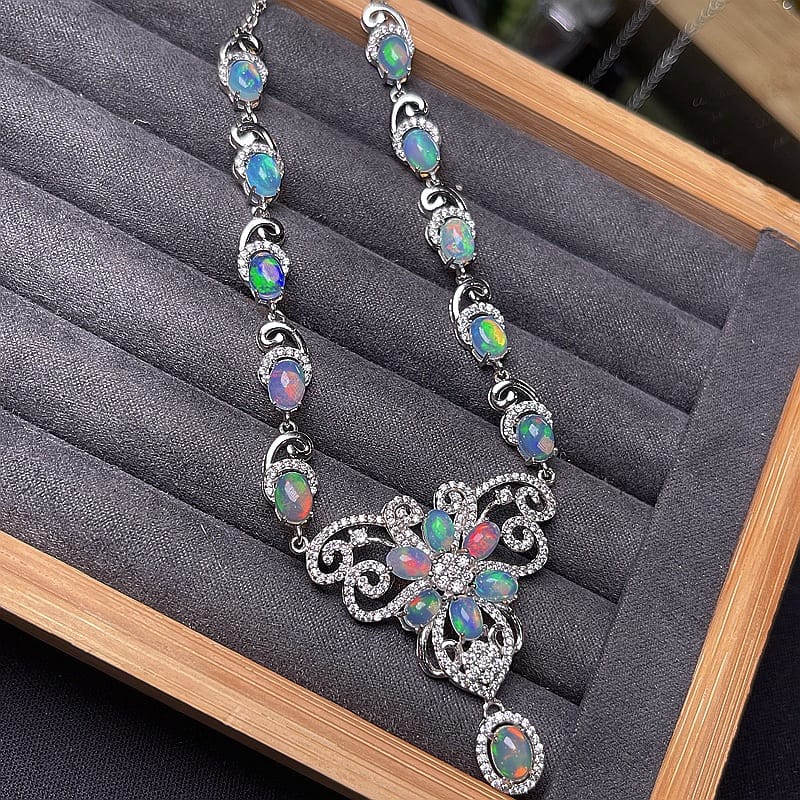 Australian magic opal chain row 925 silver inlay dazzle natural fire opal clavicle chain wholesale fire beauty