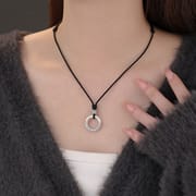 Po S999 Silver Round Black Rope Necklace Chinese Style National Style Trendy Retro Old Art Clavicle Chain