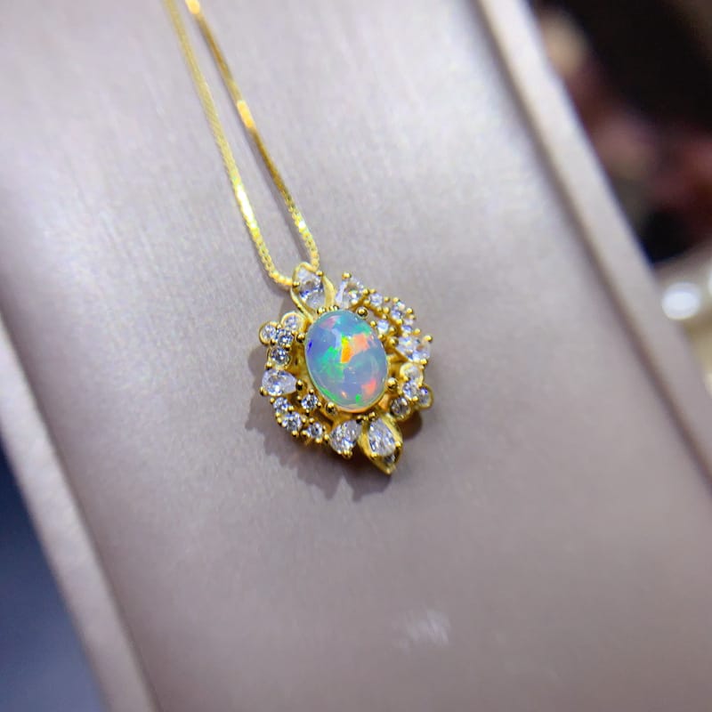 Natural 6*8mm Opal Pendant 925 Silver Plated Gold Flash Fashion Personality Color Treasure Wholesale {Not Included
