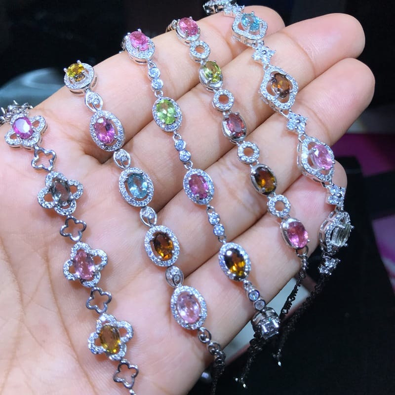 Bracelet 925 Silver Inlaid Natural Tourmaline Bracelet Grain Candy Color