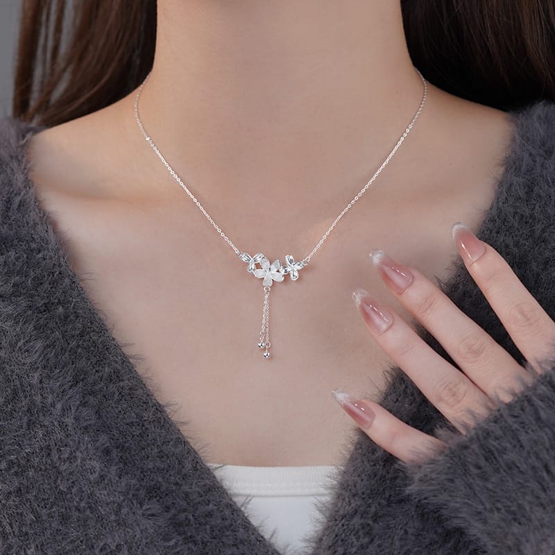 Po S999 Silver Flower Necklace Sweet Elegant All-match Korean Style Light Luxury Small Autumn and Winter Collarbone Chain for Hair