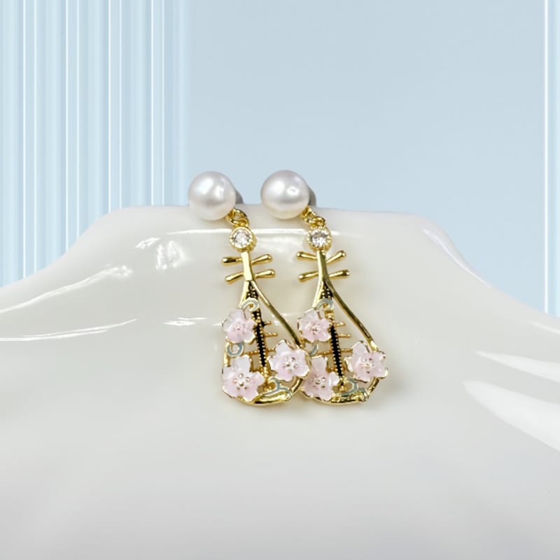 Natural Freshwater Pearl Earrings New Chinese Style National Style Beautiful Drop Oil Peach Blossom Pipa Earrings Advanced Earrings New Style