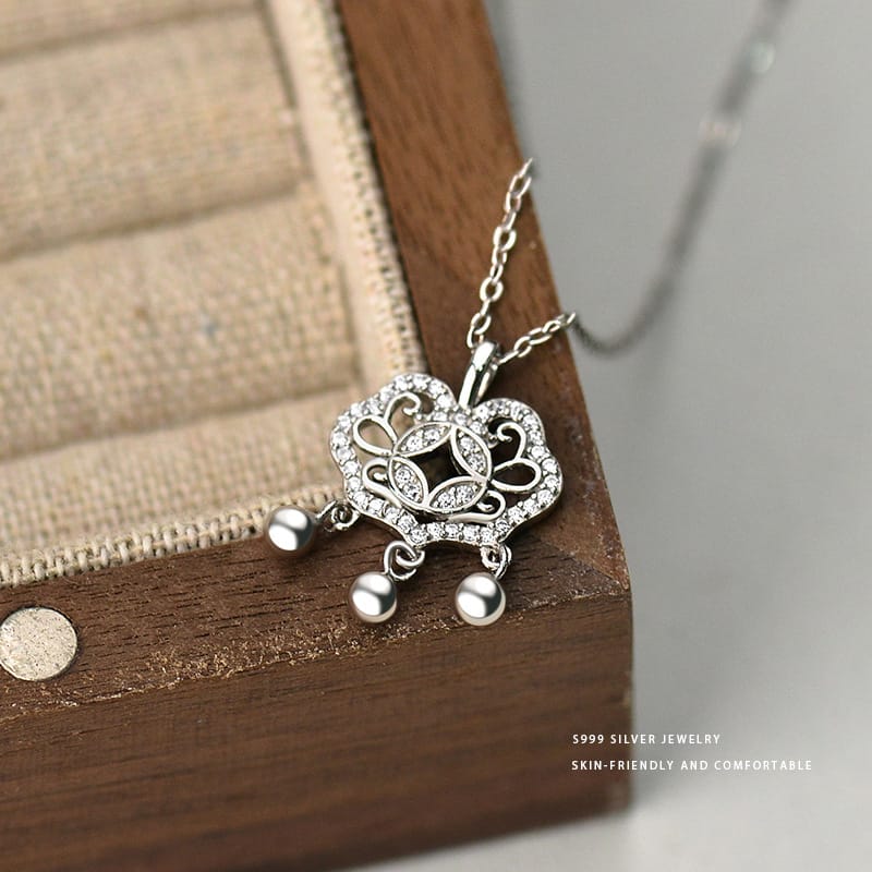 Bao S999 pure silver copper coin safety lock necklace light luxury high-grade sense National style necklace exquisite temperament clavicle chain for women