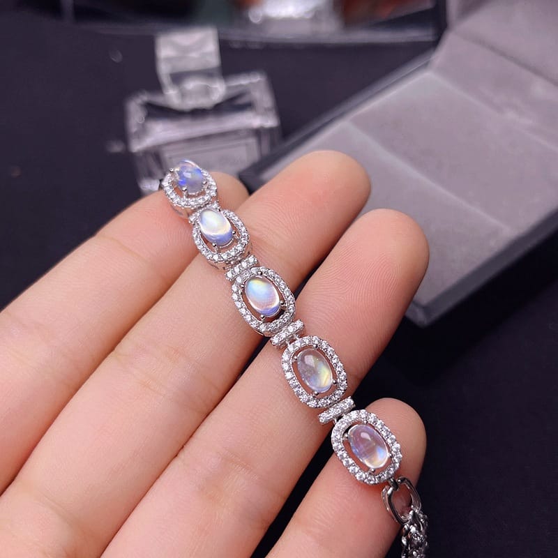 925 silver inlaid natural blue Moonstone bracelet wholesale crystal clean with plus long chain adjustable