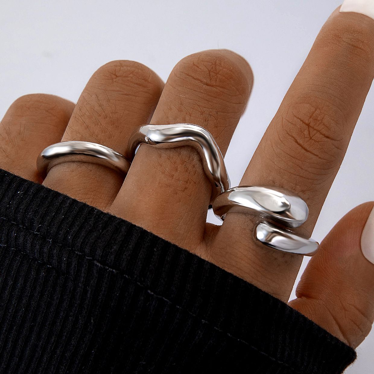 Europe and the United States cross-border geometric metal wind lava line ring four-piece irregular smooth opening ring suit