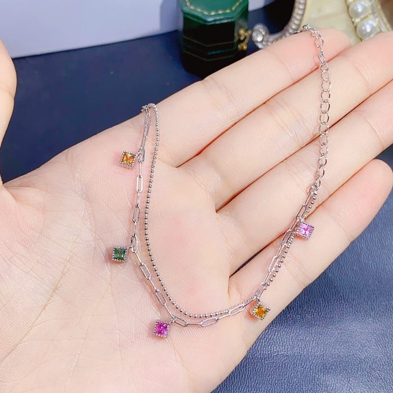 Simple fashion new colorful natural tourmaline Square 3*3mm ladies Bracelet 925 silver color treasure wholesale