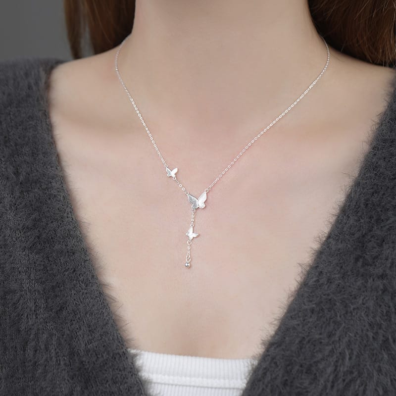 Po S999 Foot Silver Exquisite Butterfly Round Bead Tassel Necklace Women's Light Luxury Sweet High-end Clavicle Chain for Hair