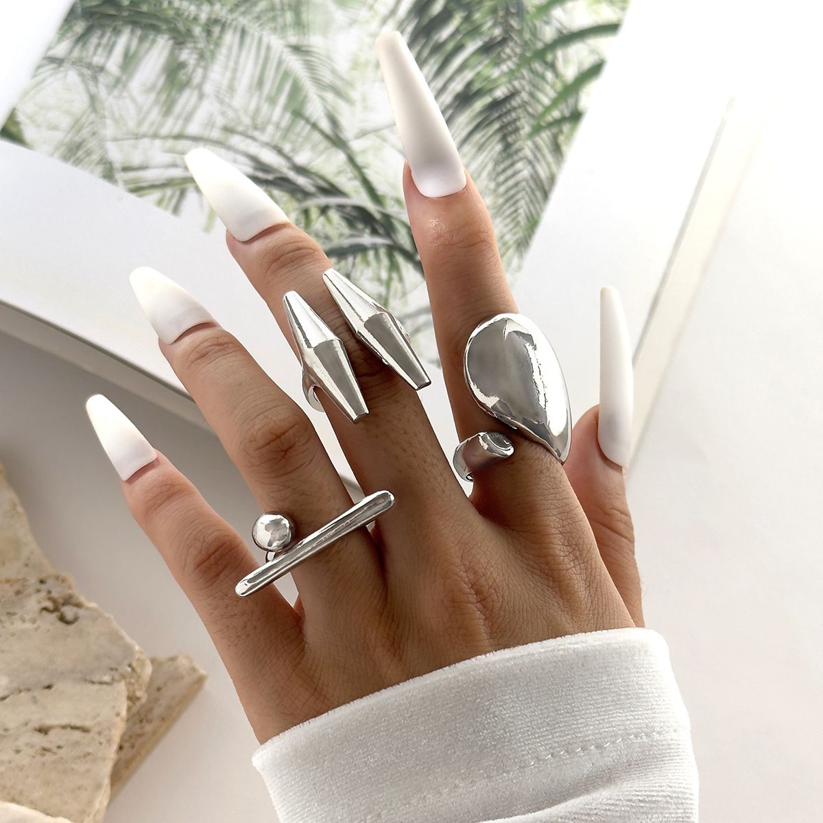 Europe and the United States cross-border geometric metal wind lava line ring four-piece irregular smooth opening ring suit