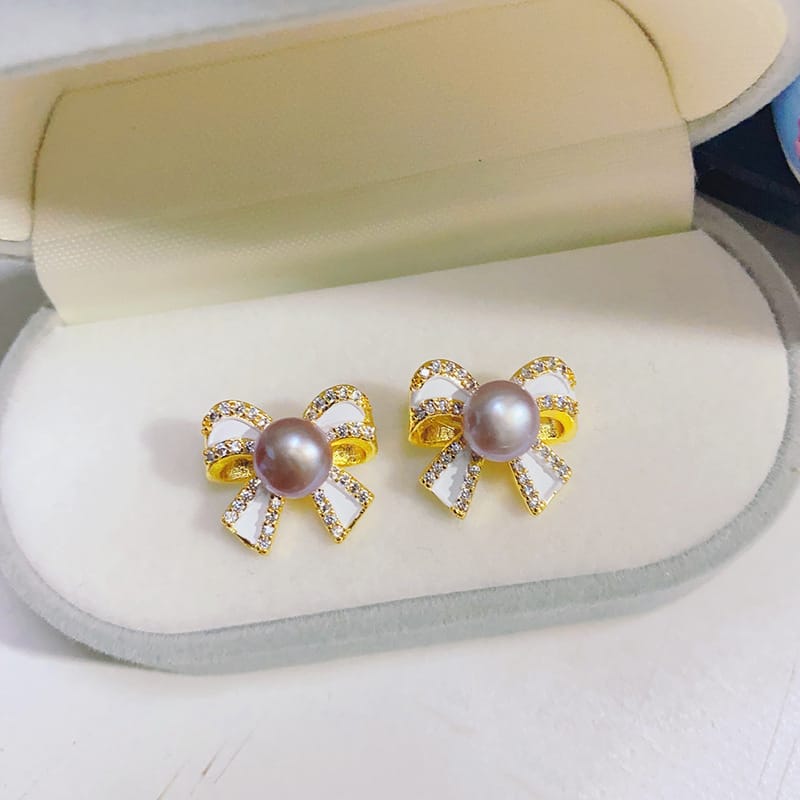 Natural Freshwater Bow Zircon Pearl Earrings High Fashion Design Sense Earrings Elegant Personality Hot Selling