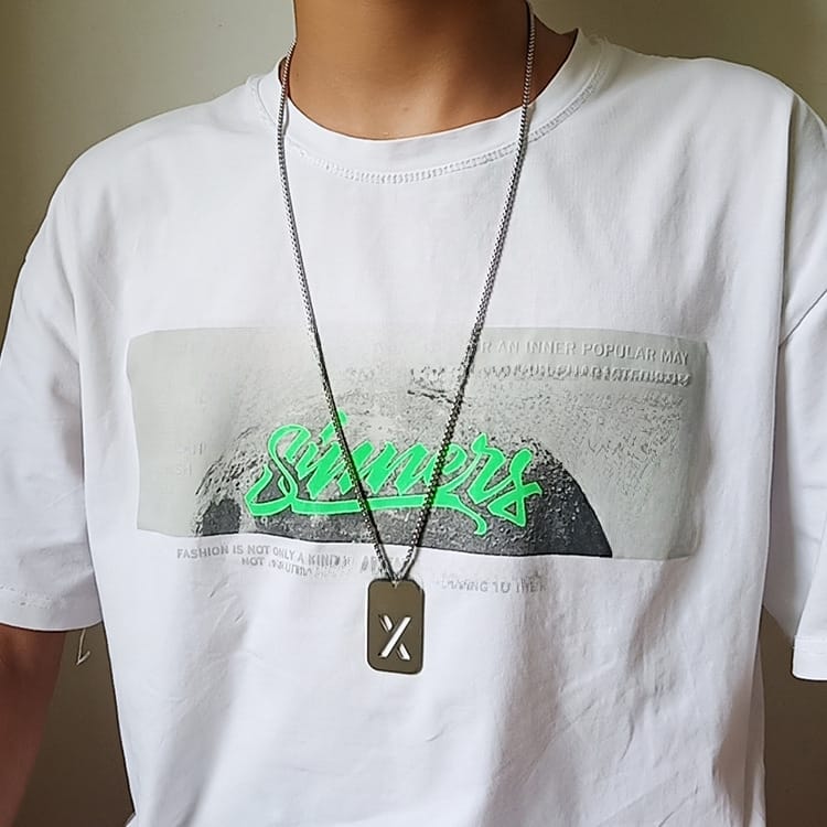 Alphabet Hollow Necklace Men's Trendy Hip-Hop Woolen Chain Accessories Rectangular Gloss Military Brand Pendant Women's Stainless Steel Pendant