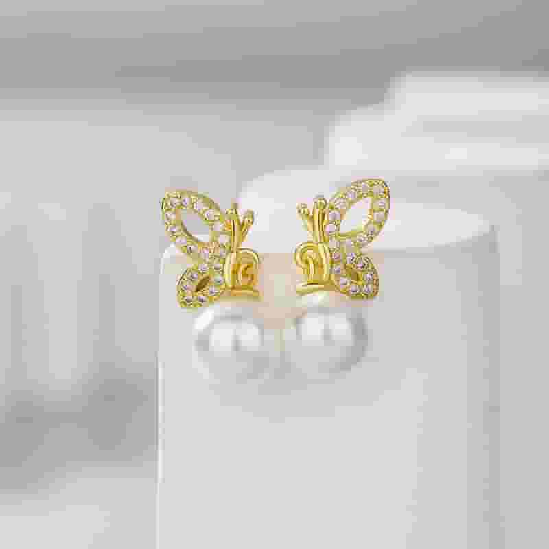 Natural Freshwater Pearl Earrings Personalized Hollow Butterfly Wings Bead Earrings Elegant Light Luxury Niche Earrings New Arrival Earrings