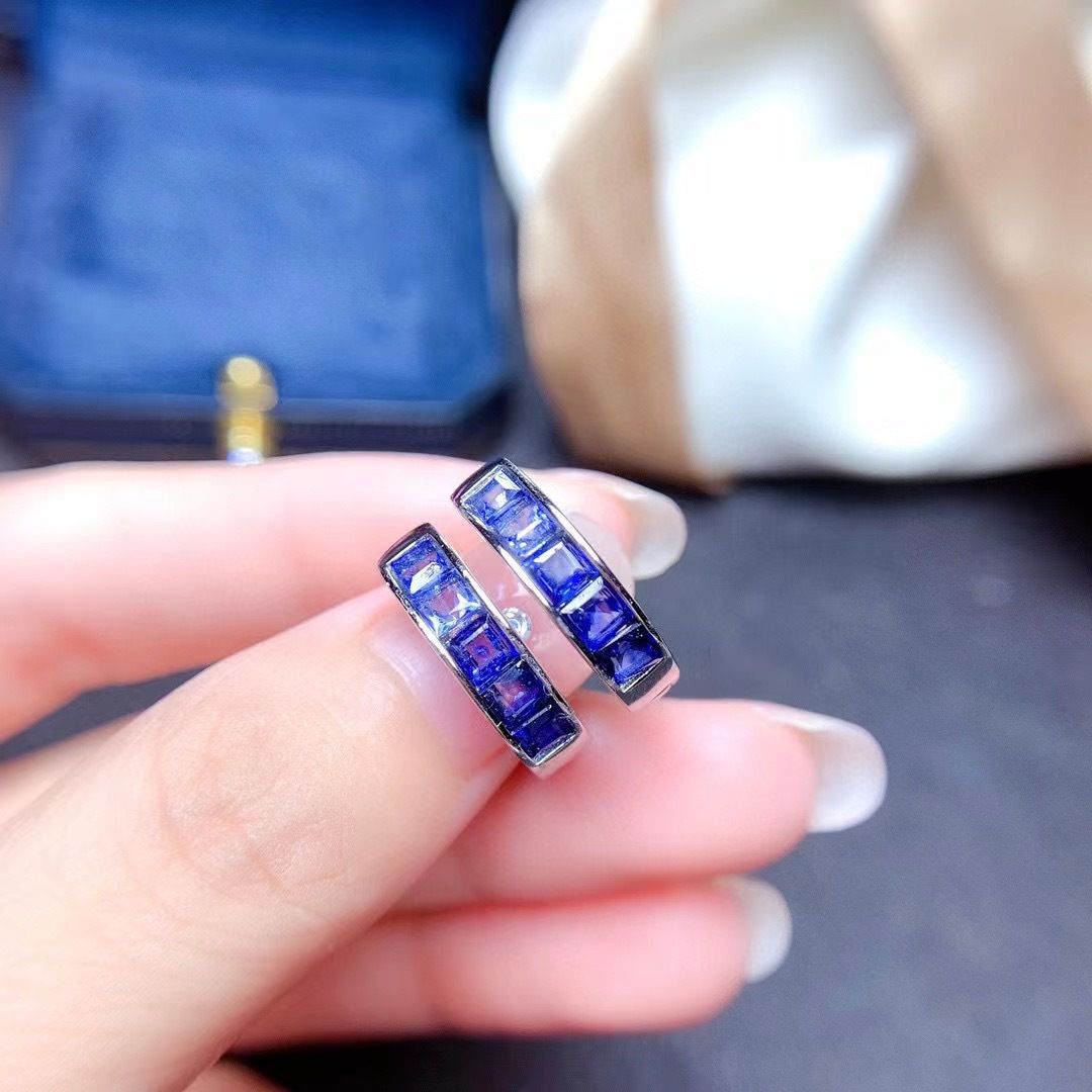 Natural Sapphire Ear Buckle 925 Silver Square Gemstone Fashion Design Color Treasure Supply Chain