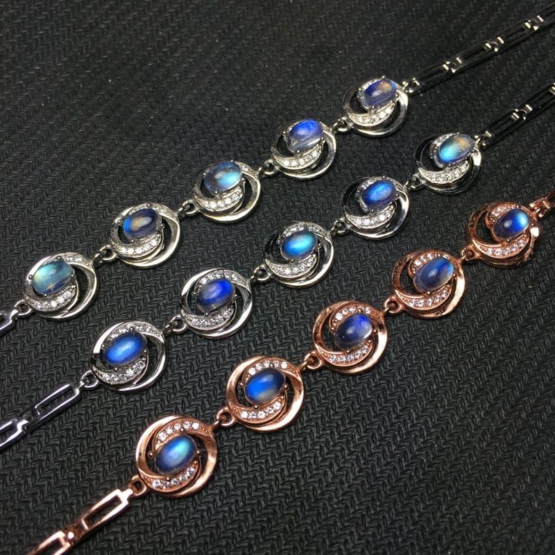 Natural blue Moonstone bracelet 925 sterling silver inlaid craft vitreous blue moonlight