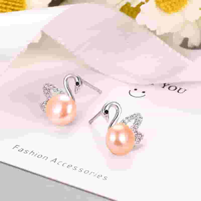 Natural Freshwater Pearl Earrings Swan Micro Set Zircon Classic Ear Studs Elegant Light Luxury Niche Earrings New Women