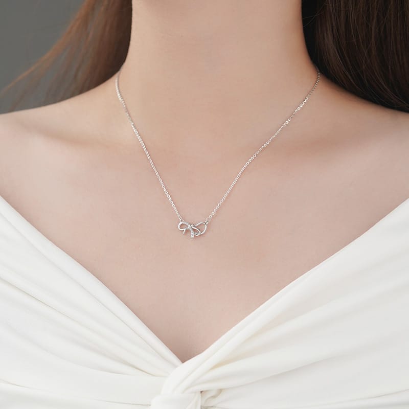 Po S999 Silver Sweet Japanese Style Bow Necklace Simple Design Necklace for Girlfriend Gift New Style