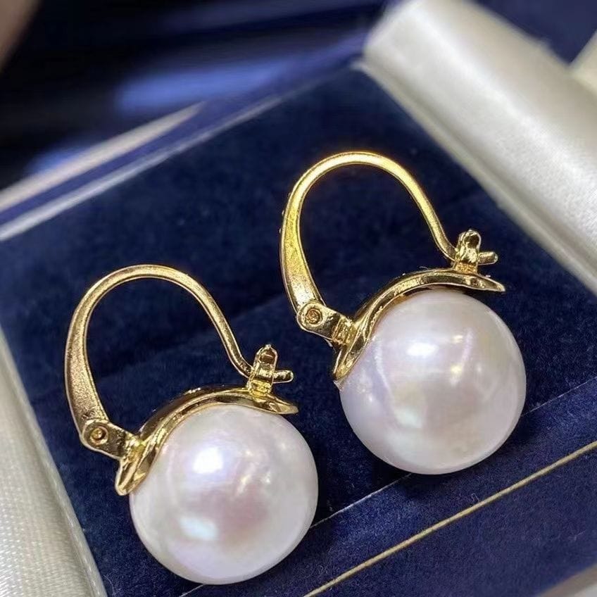 Freshwater pearl earrings 10-11mmm large point round high-gloss pearl earrings niche high-end earrings