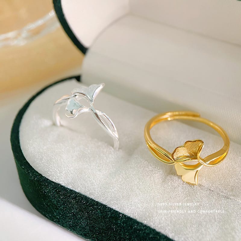 S999 pure silver elegant apricot leaf ring female autumn and winter atmosphere sense high sense adjustable ring 
