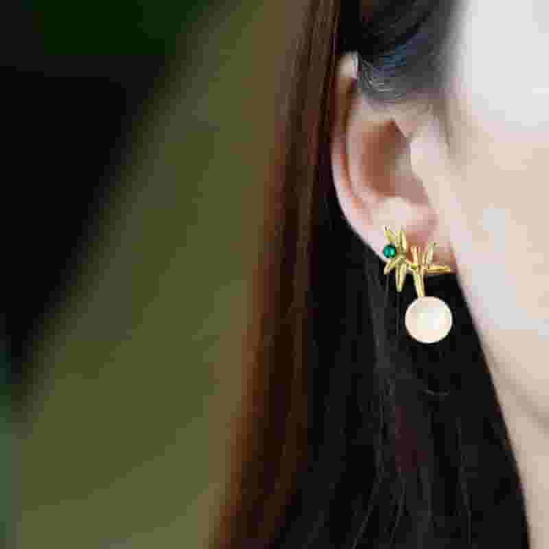 Natural Freshwater Pearl Earrings Elegant Light Luxury Bamboo Report Ping Leaf Earrings Niche Design New Earrings