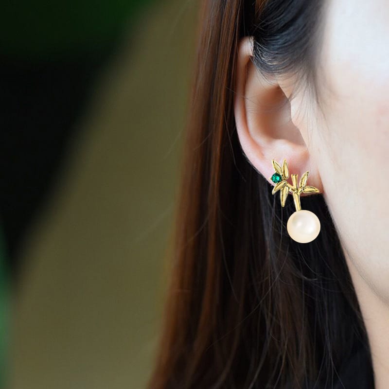 Natural Freshwater Pearl Earrings Elegant Light Luxury Bamboo Report Ping Leaf Earrings Niche Design New Earrings