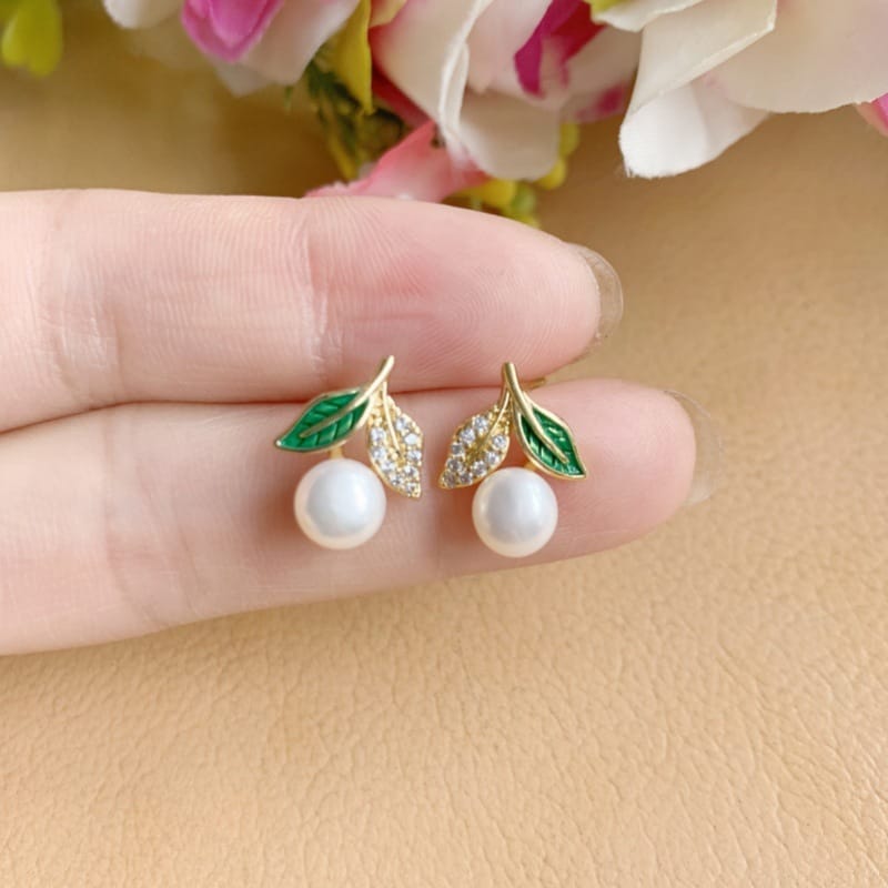 Natural Freshwater Pearl Earrings French Simple Light Luxury Earrings Leaves with Zircon Pearl Earrings Niche Design for Women
