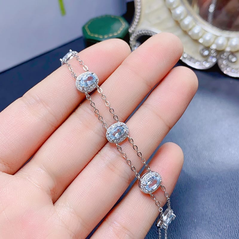 Fresh natural aquamarine bracelet 925 silver Women's bracelet 6 * 4mm crystal clean for girlfriend