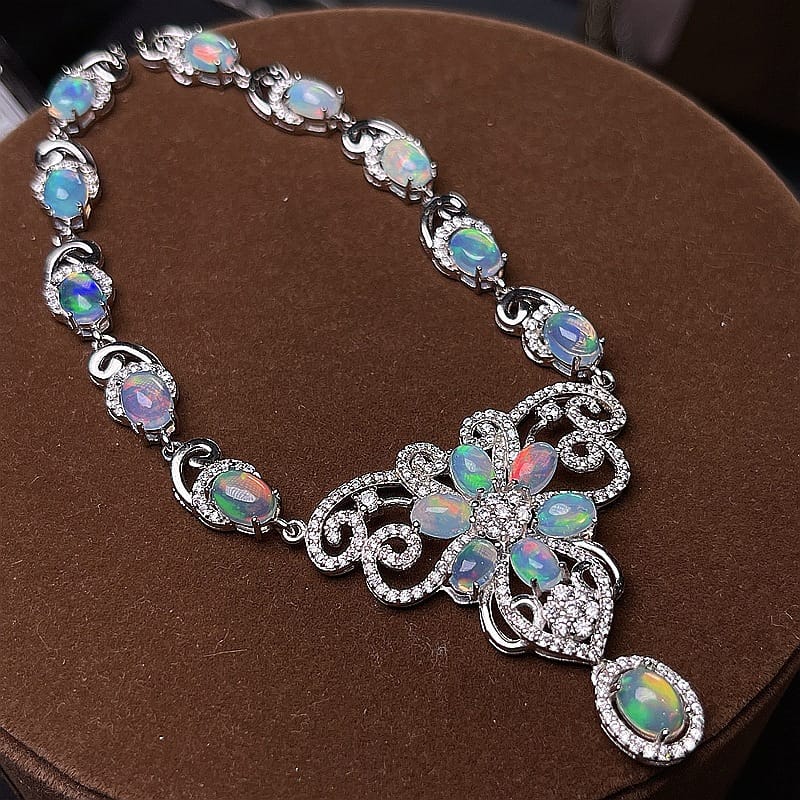 Australian magic opal chain row 925 silver inlay dazzle natural fire opal clavicle chain wholesale fire beauty