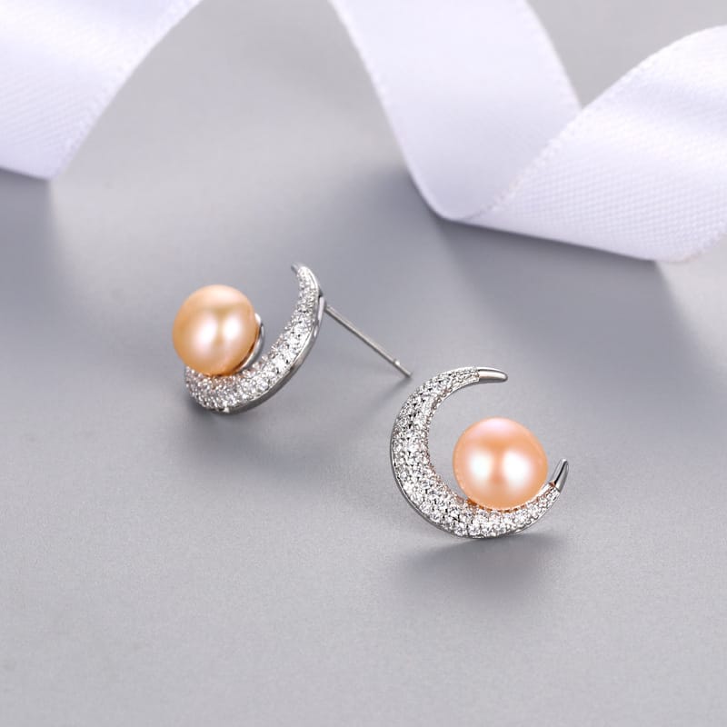 Sun Moon Star Freshwater Pearl Earrings Moon-shaped Zircon Earrings Japanese and Korean Simple Fashion Personality Earrings New