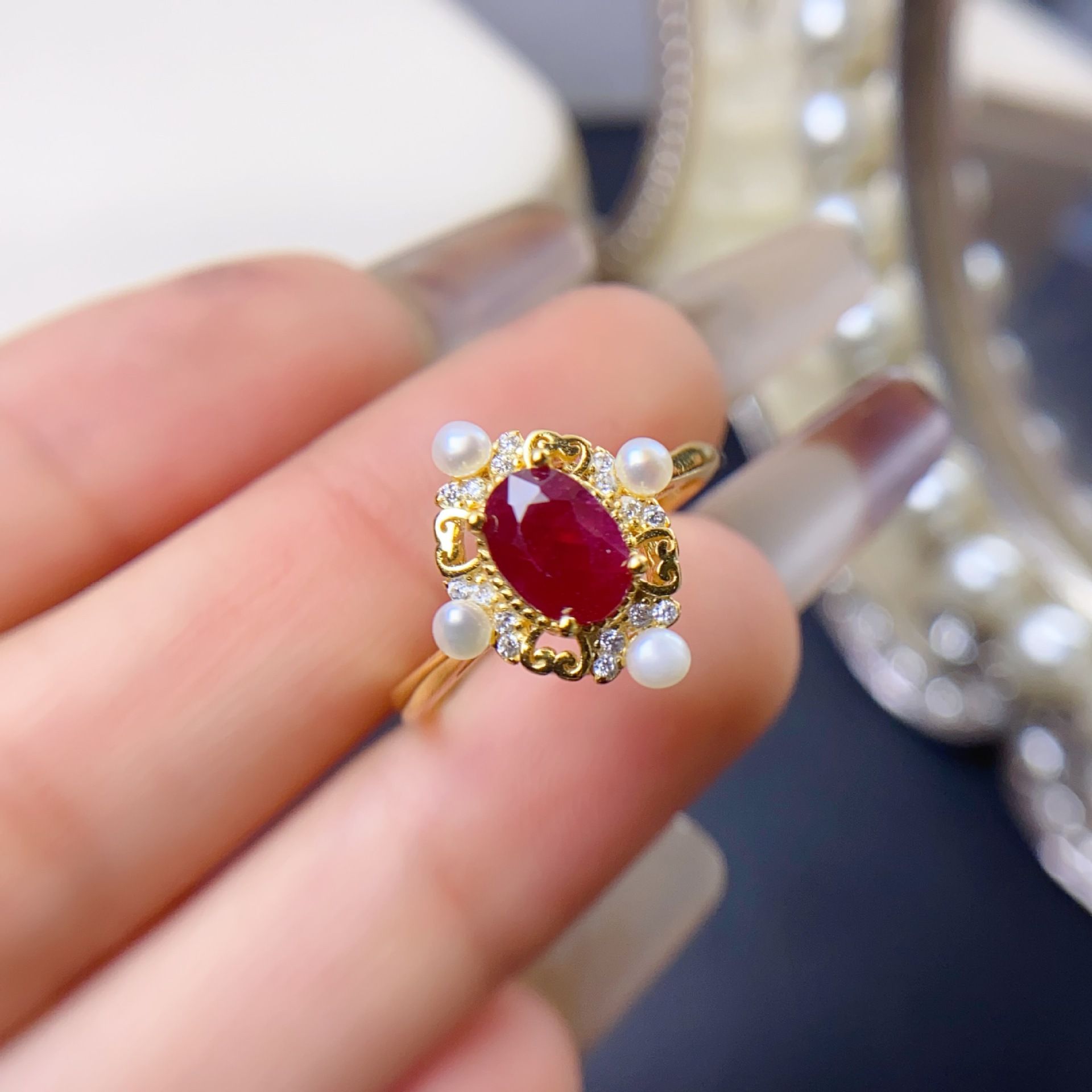 Fashion style natural laosaki Ruby women's ring S925 Silver live mouth 5 * 7mm beauty ring Live supply