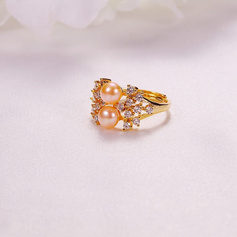 Pearl Jewelry Opening Adjustable Ring Real Gold Electroplated Micro-inlaid Zircon Freshwater Pearl Ring