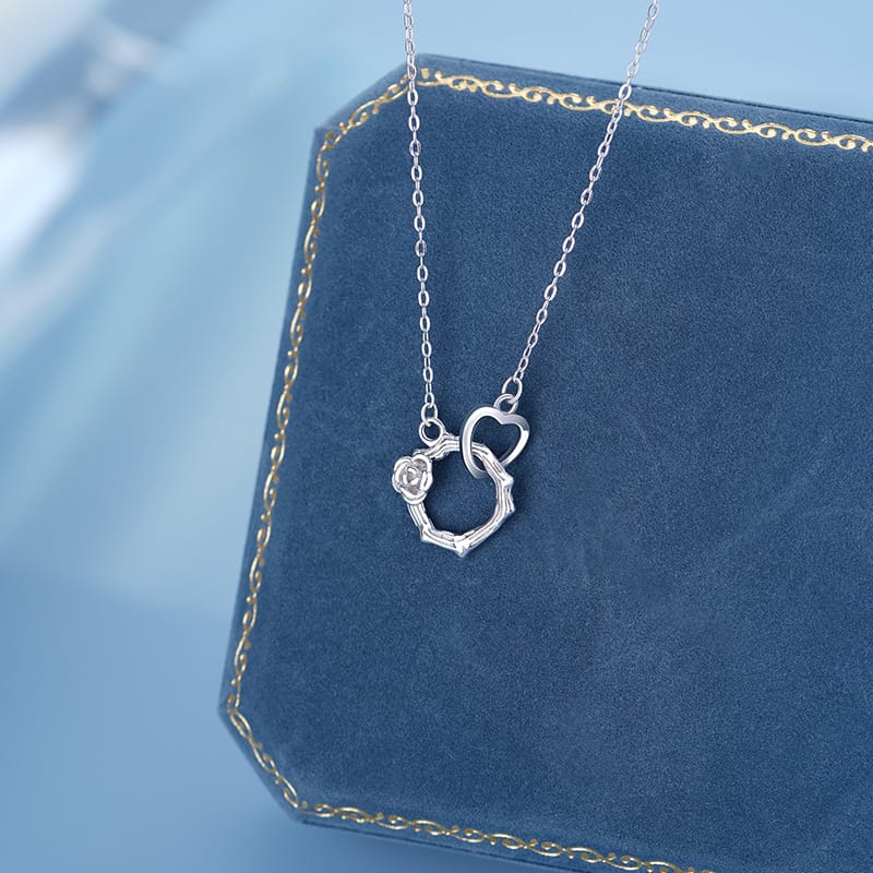 Po S999 Silver Rose Flower Ring Link Necklace Design Niche Sweet Simple Women's Clavicle Chain