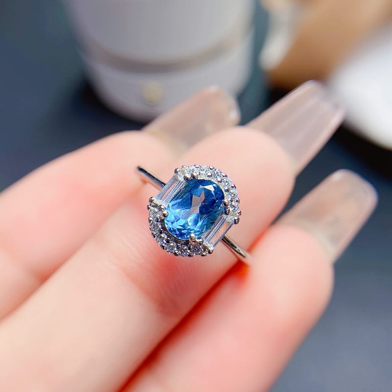 Europe and the United States fresh 925 silver natural Swiss Blue Topaz female ring 5*7mm live exquisite live