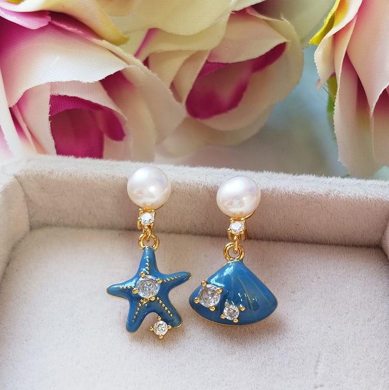 Natural Freshwater Pearl Earrings Starfish Shell Blue Earrings Women's Fashion Simple High-end Sense Earrings Internet Celebrant Earrings