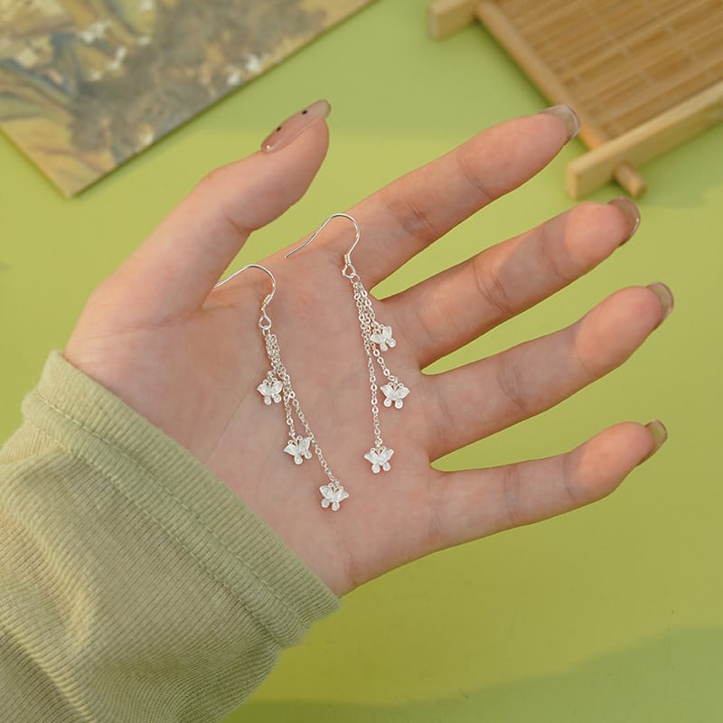 Po S999 Foot Silver Niche Three Butterflies Tassel Earrings Design Sense Fresh Sweet Style Elegant Earrings for Hair