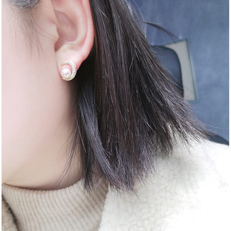 Sun Moon Star Freshwater Pearl Earrings Moon-shaped Zircon Earrings Japanese and Korean Simple Fashion Personality Earrings New