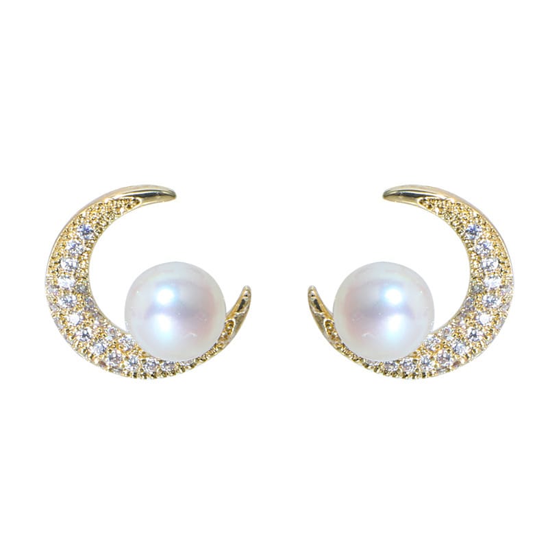 Sun Moon Star Freshwater Pearl Earrings Moon-shaped Zircon Earrings Japanese and Korean Simple Fashion Personality Earrings New