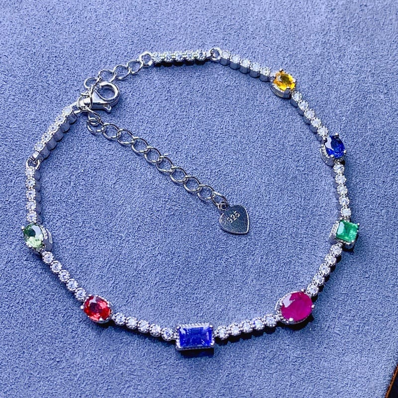 Natural Emerald Sapphire Ruby Tanzanite Bracelet Duobao Inlaid 925 Silver Wholesale