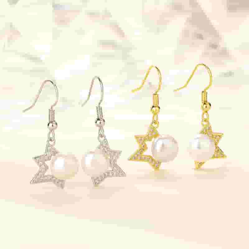 Natural Freshwater Pearl Earrings Fashion Light Luxury Half Four-side Star Set Zircon Ear Hook Personalized Simple Elegant Eardrop