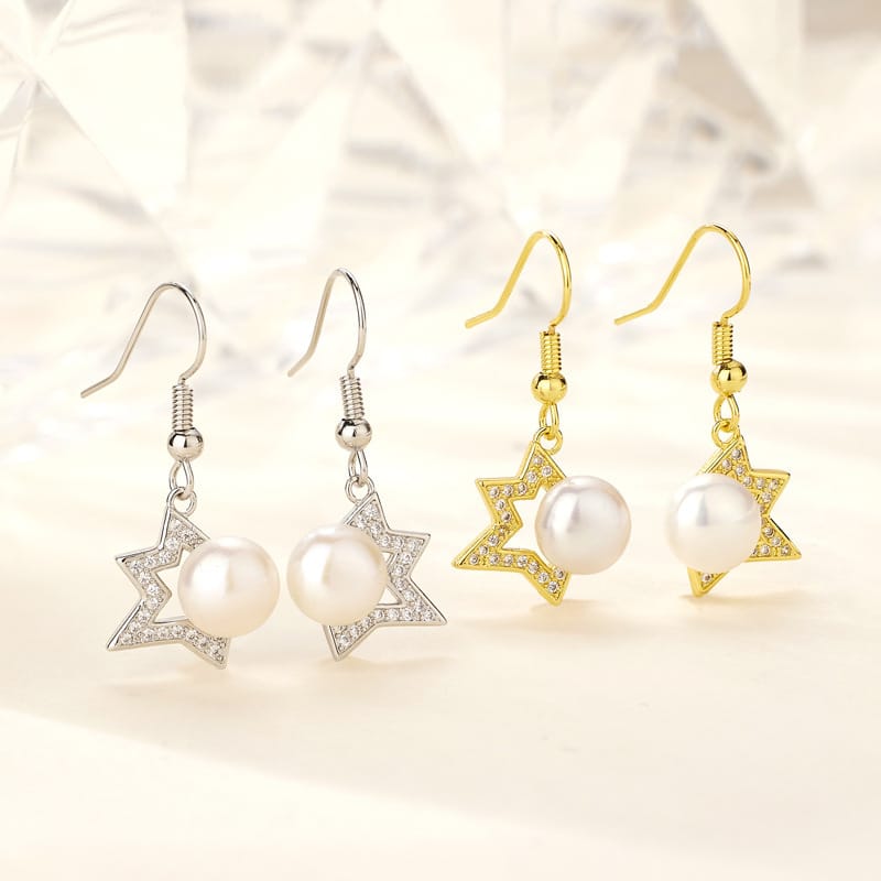 Natural Freshwater Pearl Earrings Fashion Light Luxury Half Four-side Star Set Zircon Ear Hook Personalized Simple Elegant Eardrop