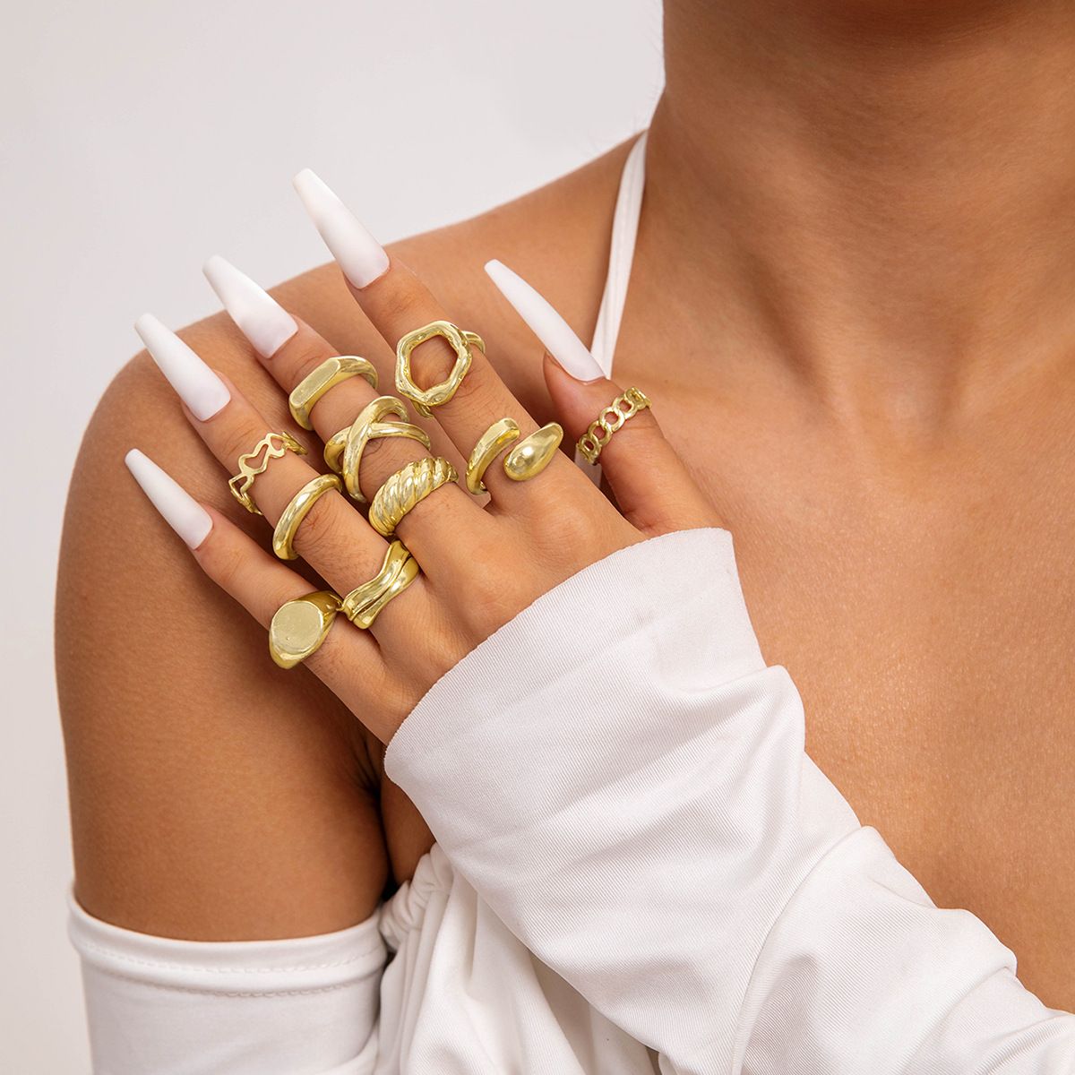 Europe and the United States cross-border geometric metal wind lava line ring four-piece irregular smooth opening ring suit
