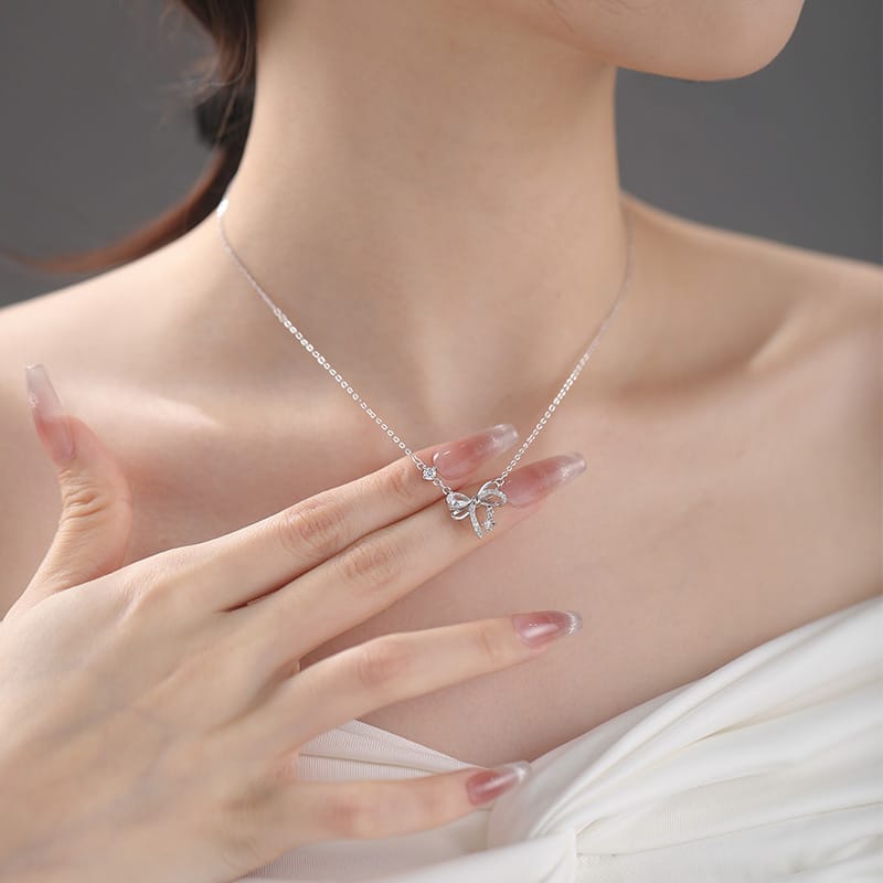 Po S999 Silver Bow Necklace Girl's Heart Princess Cute Sweet Niche Design Clavicle Chain for Hair