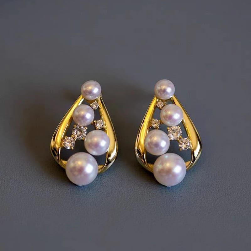 Freshwater Pearl Earrings Shake Tone Little Red Book New Hot Sale Copper Set Zircon Geometric Hollow Multi-Bead Elegant Women's Earrings