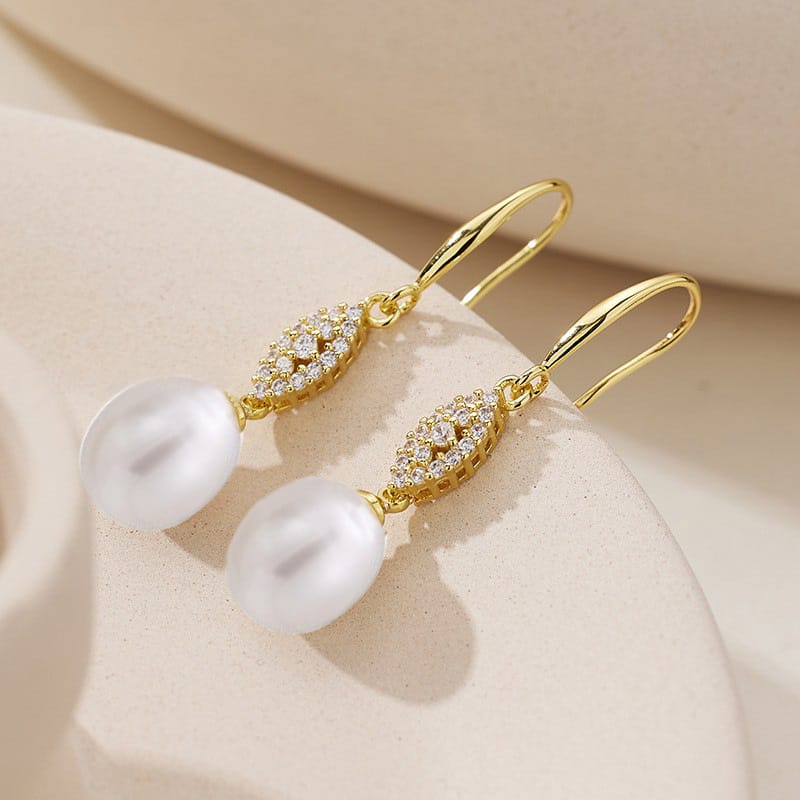 Natural Freshwater Pearl Earrings Elegant Fashion All-match Super Fairy Earrings Leaf Set Zircon Elegant Light Luxury Ear Hook