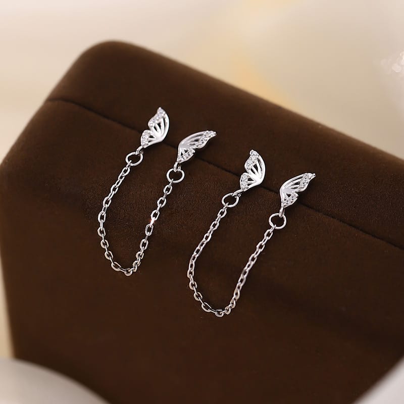 Po S999 Foot Silver Butterfly Binaural Earrings Light Luxury Niche Design Advanced Sense Sweet Tassel Earrings for Hair