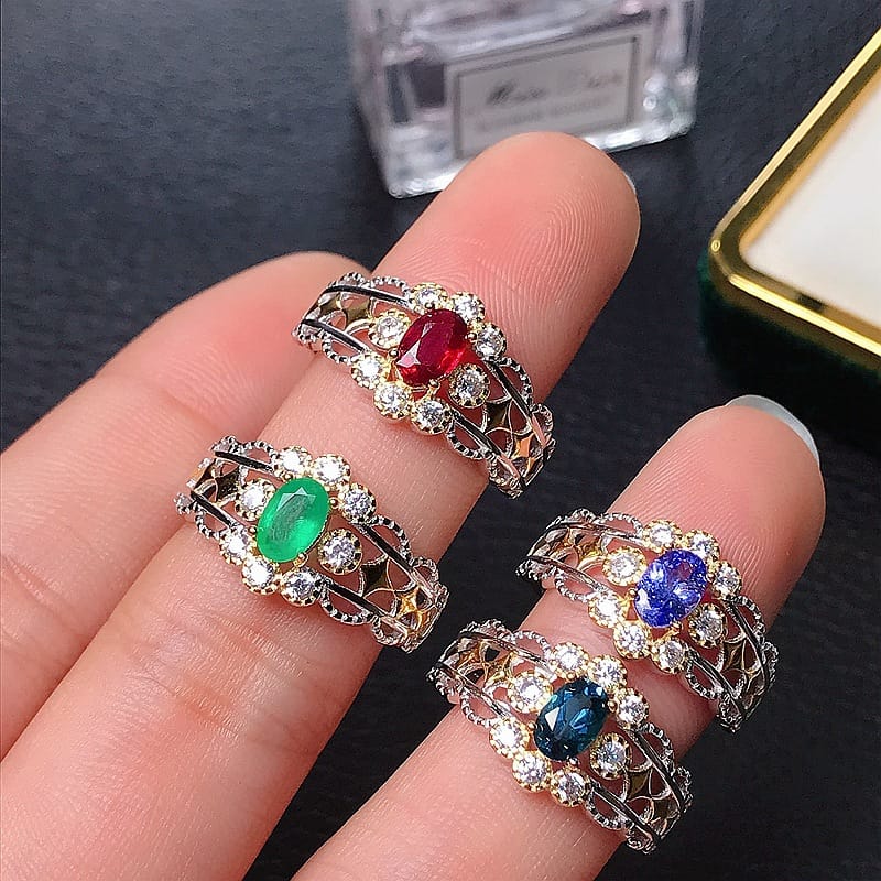925 silver inlaid natural emerald, Ruby Sapphire Moonstone topaz color treasure wholesale
