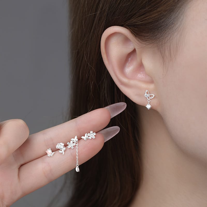 Original Po S999 Foot Silver Moe Butterfly Flower Rhyme Series Niche Unique Mori Style Fresh and Elegant Elegant Elegant Elegant Earrings