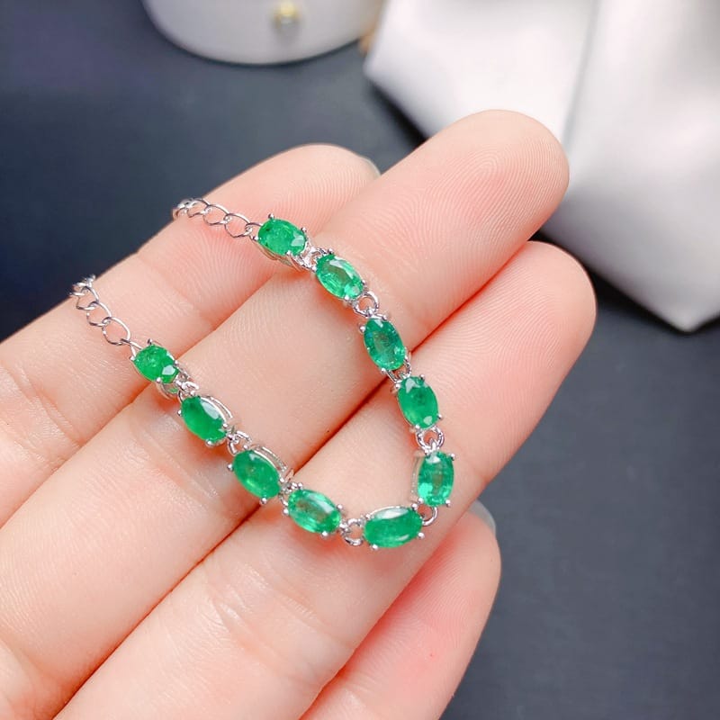 Jewelry live supply 925 silver inlaid natural emerald bracelet simple style tested wholesale