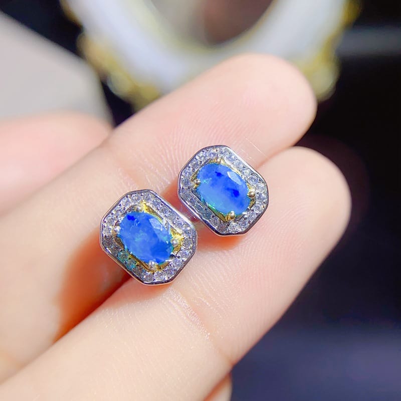 Jewelry live supply 925 silver inlaid natural blue opal ear studs Fire Color Flash wholesale supply
