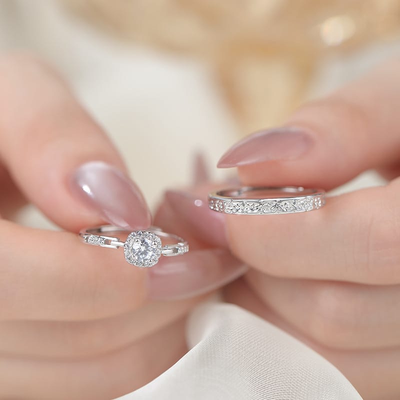 Po 999 Foot Silver Simple Square Zircon Couple's Ring Geometric Fashion Commuter Elegant Fresh Hand Decoration