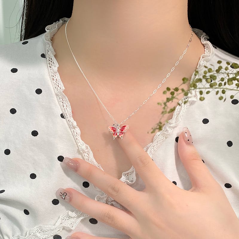 Po S999 Foot Silver Drop Glue Butterfly Necklace Ins Style Personality Temperament All-match Sweet Artistic Style Clavicle Chain Generation