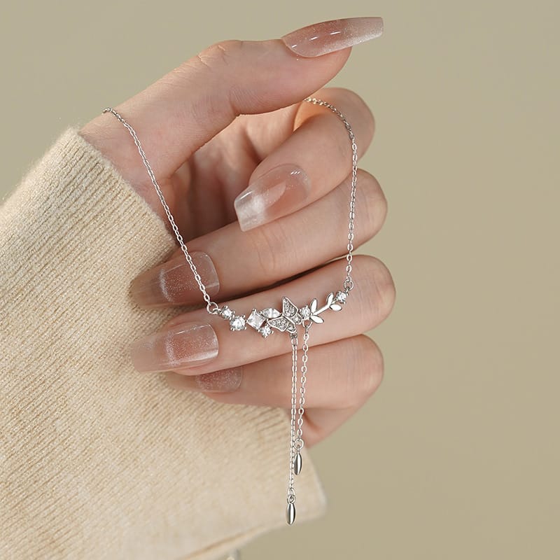 Po S999 Foot Silver Exquisite Butterfly Branches and Leaves Tassel Necklace Temperament All-match Niche Design Sweet Clavicle Chain